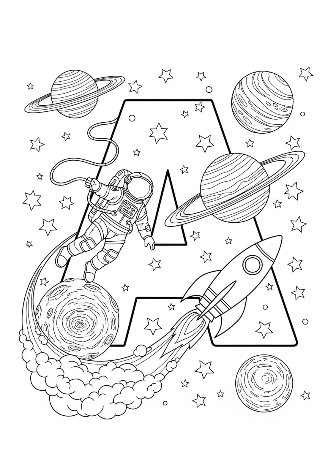Letter A with astronaut, rockets, planets, stars, and intricate space details, hard coloring page for preschool