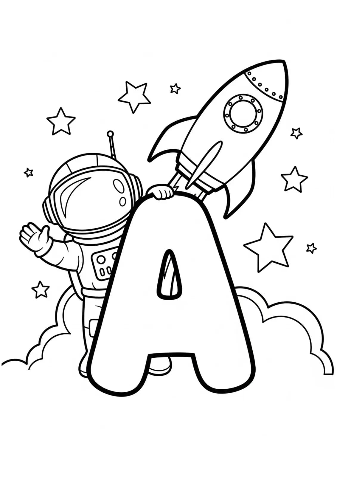 Coloring page with the letter A, a cartoon astronaut, stars, and a rocket.