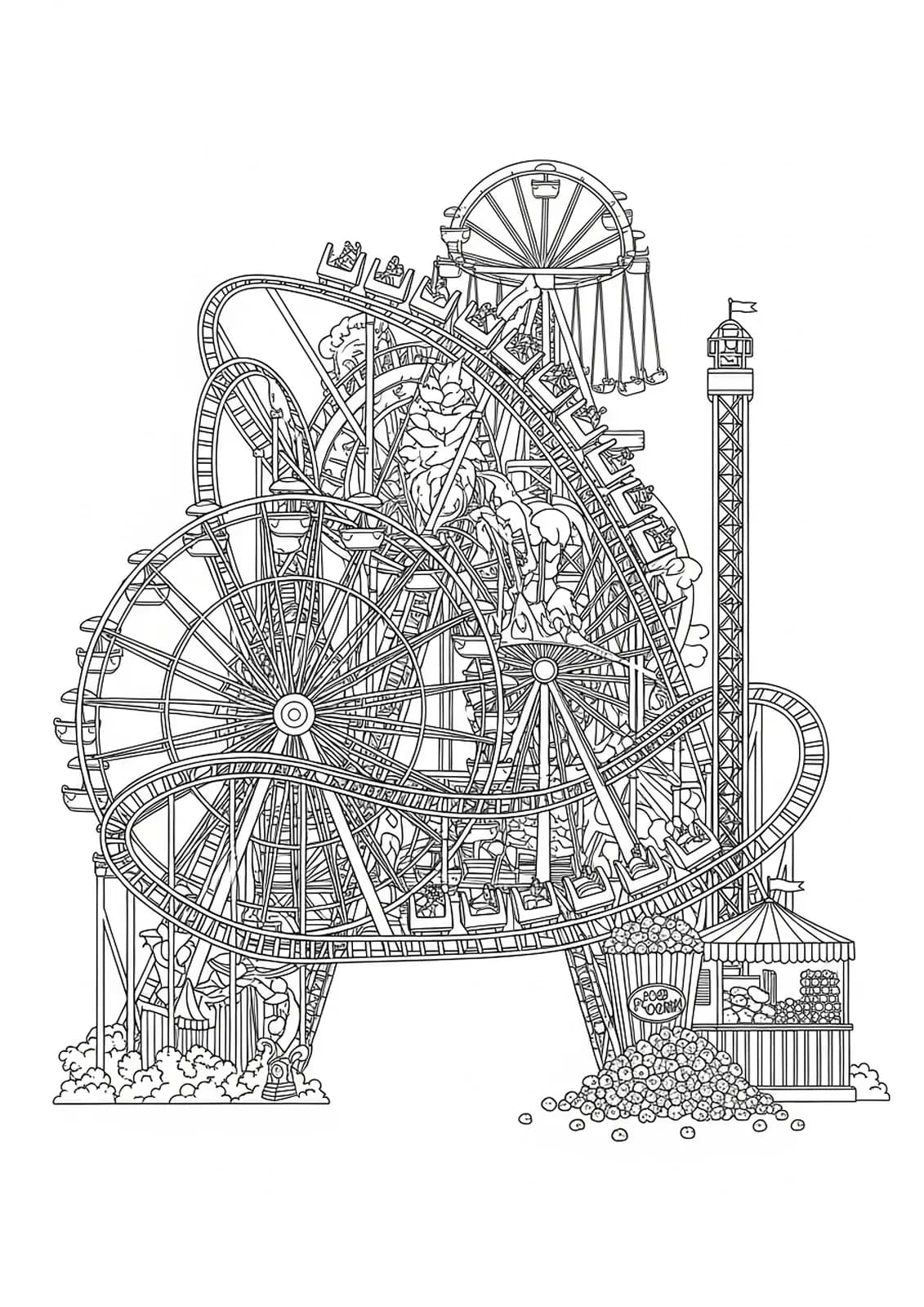 Letter A decorated with roller coasters, Ferris wheel, popcorn, and amusement park rides in a detailed coloring design.