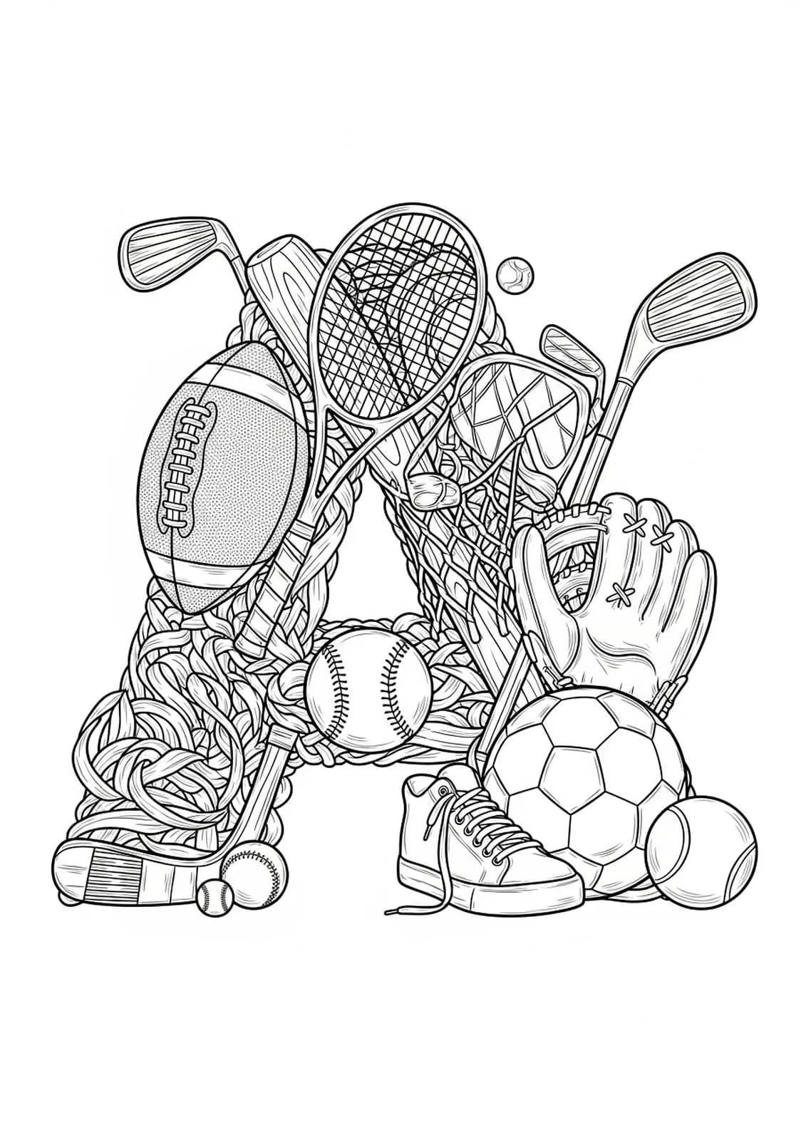 Letter A with detailed sports equipment like balls, bats, and sneakers, hard coloring page for preschool