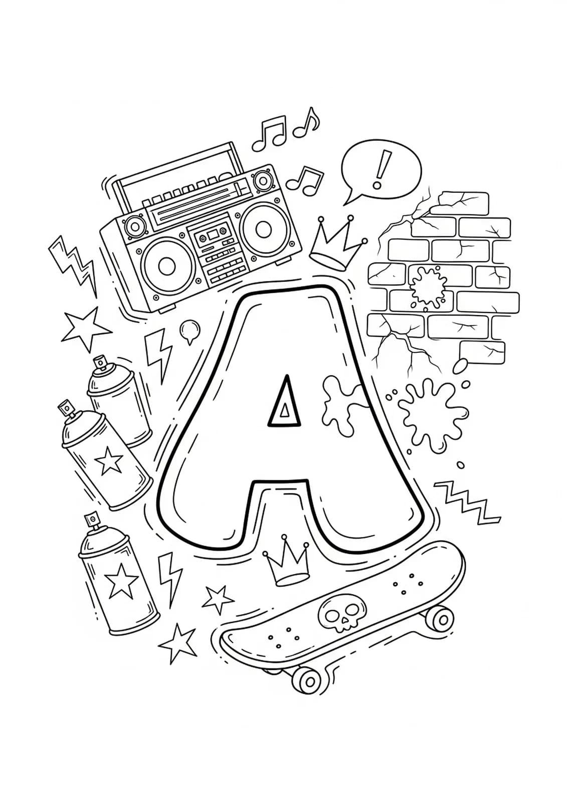 Graffiti-themed letter A with urban art elements and spray paint motifs for teens to color.