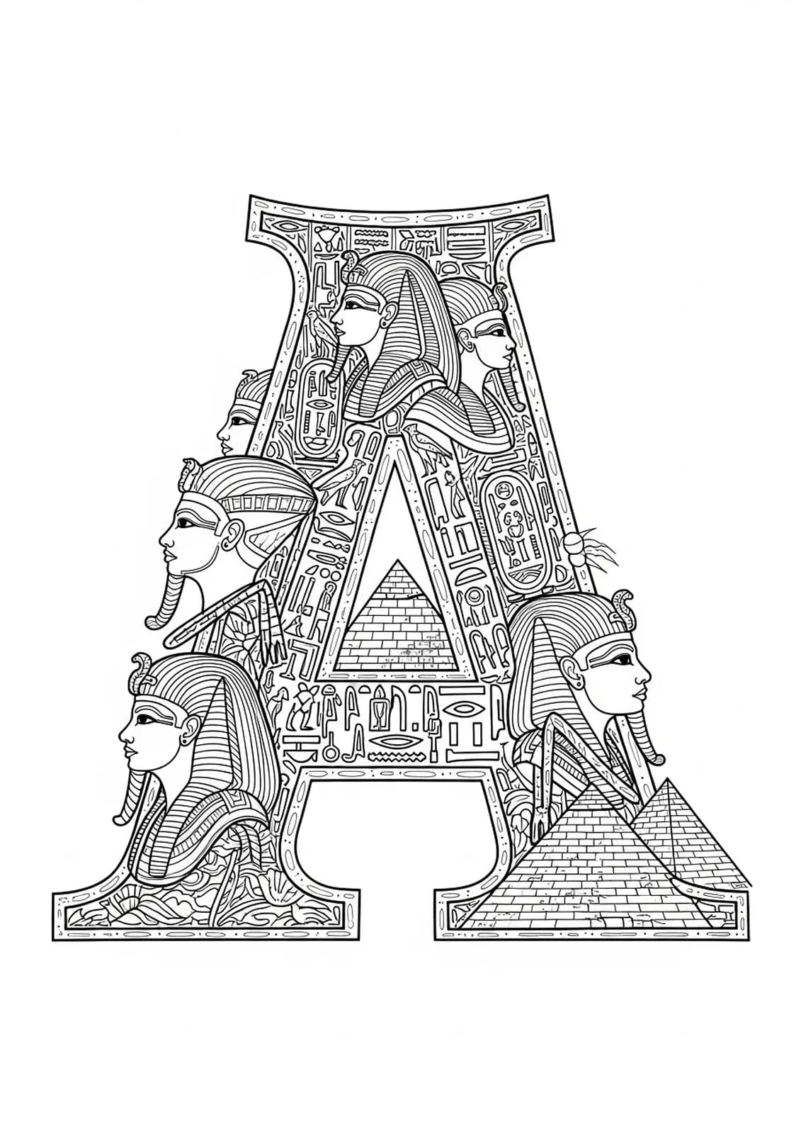 Letter A illustrated with Egyptian pyramids, hieroglyphics, and pharaohs in intricate patterns for coloring.