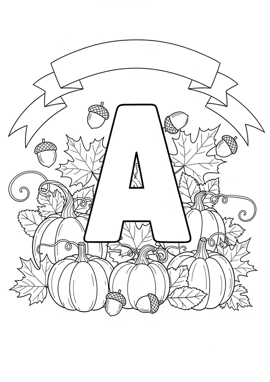 Letter A decorated with pumpkins, falling leaves, acorns, and festive banners, medium detail