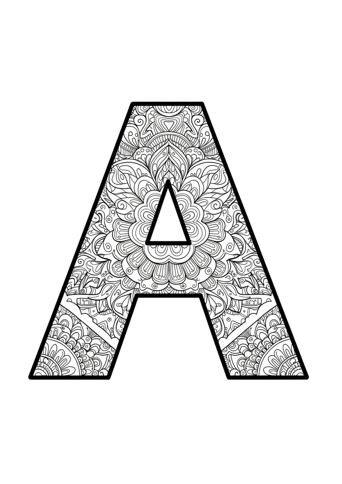 Complex letter A with mandala and architectural motif patterns, hard adult coloring page.