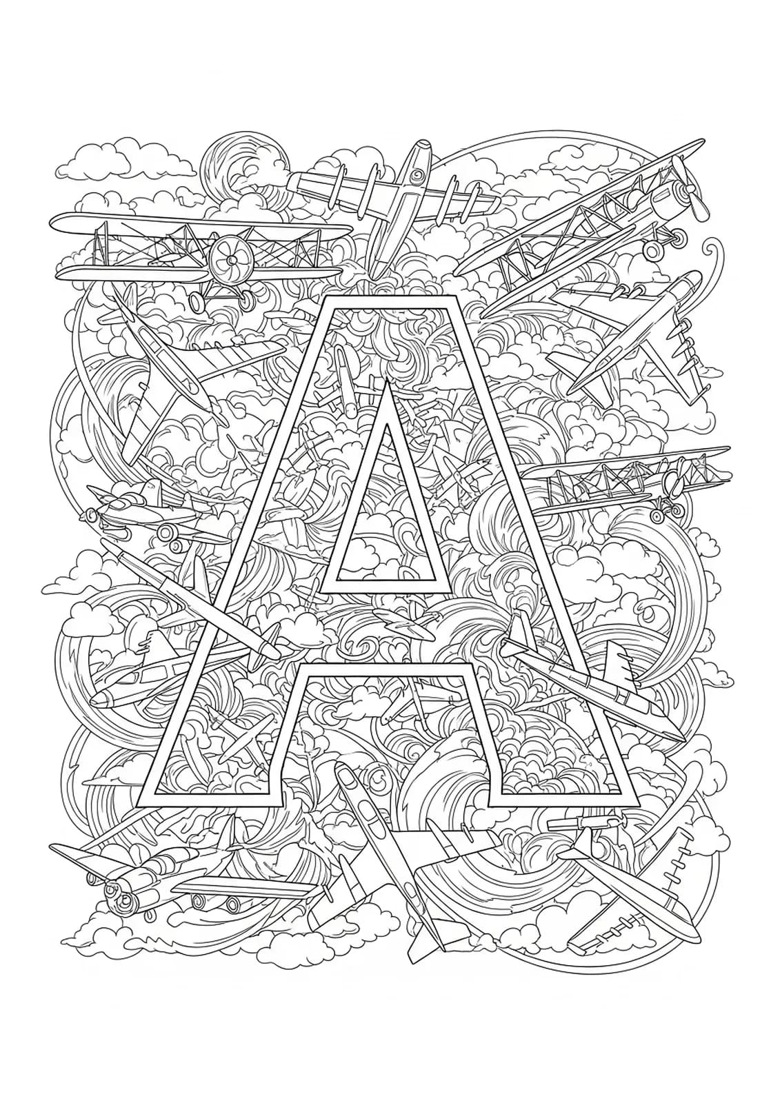 Letter A with intricately detailed airplanes, clouds, and flight trails for coloring.