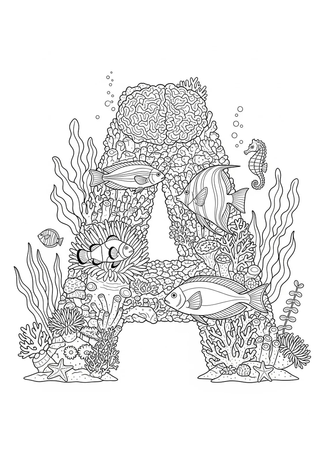 Letter A surrounded by detailed sea animals, coral, and ocean waves, hard coloring page for preschool