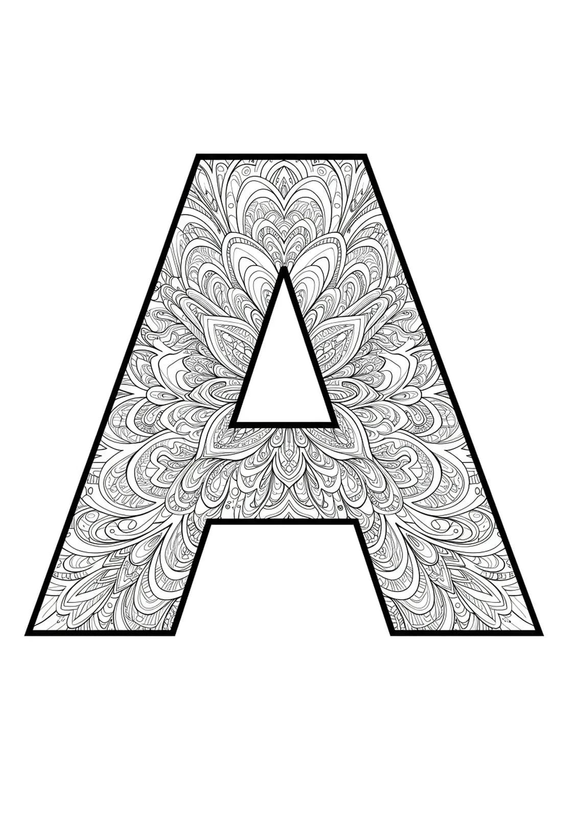 Intricate fractal lines and abstract motifs filling letter A, hard adult coloring page.