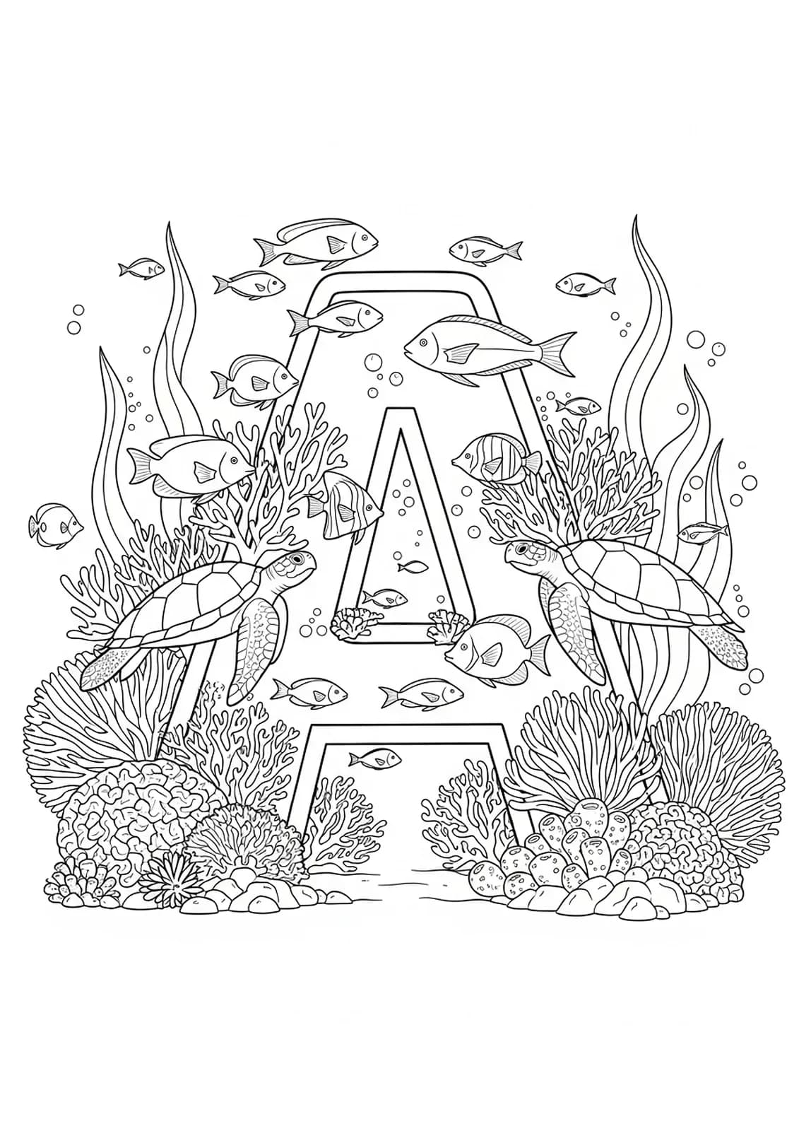 Letter A surrounded by fish, turtles, coral, and bubbles in a detailed underwater scene for coloring.