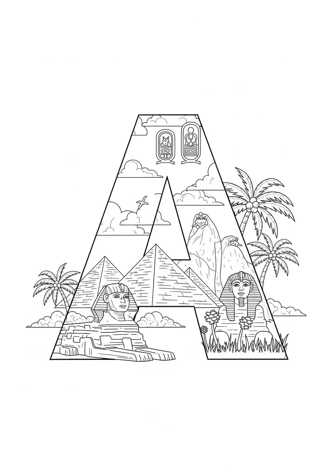 Letter A with pyramids, sphinx, hieroglyphs, and palm trees, Ancient Egypt theme, medium detail