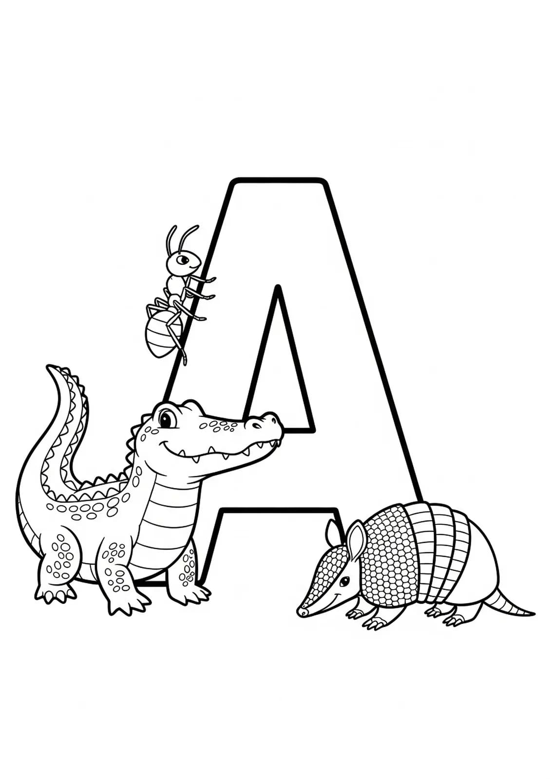 Letter A with an alligator, ant, and armadillo nearby, medium detail