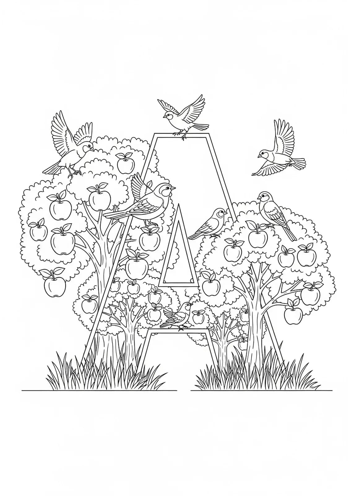 Letter A surrounded by apple trees, apples, and birds in an orchard scene, medium detail
