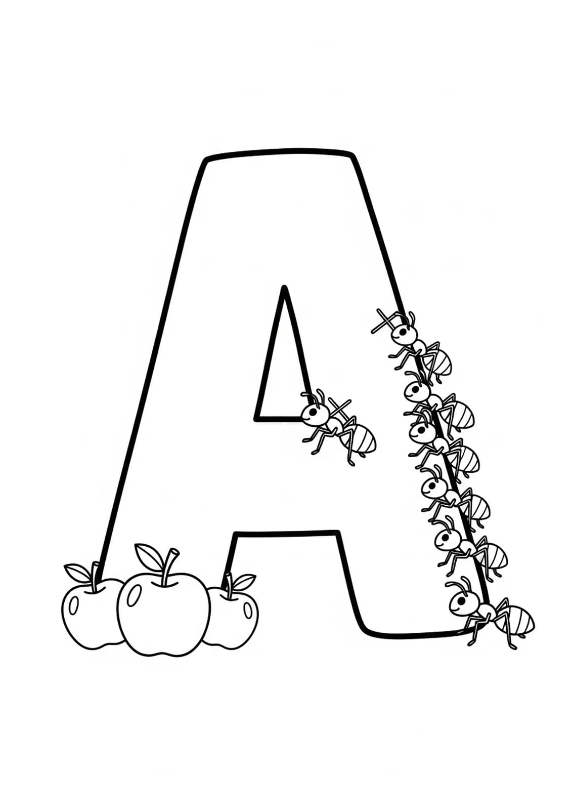 Coloring page showing the letter A with apples and ants for preschoolers.