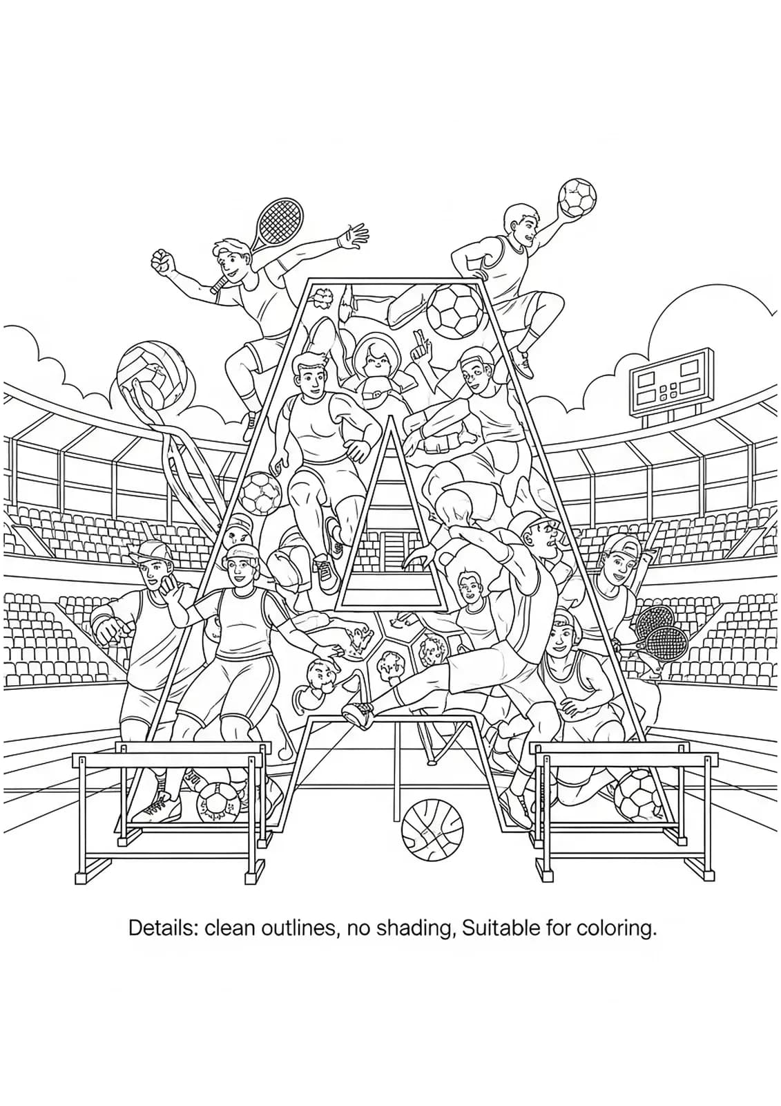 Letter A with athletes running, jumping, sports equipment, and a stadium background, medium detail