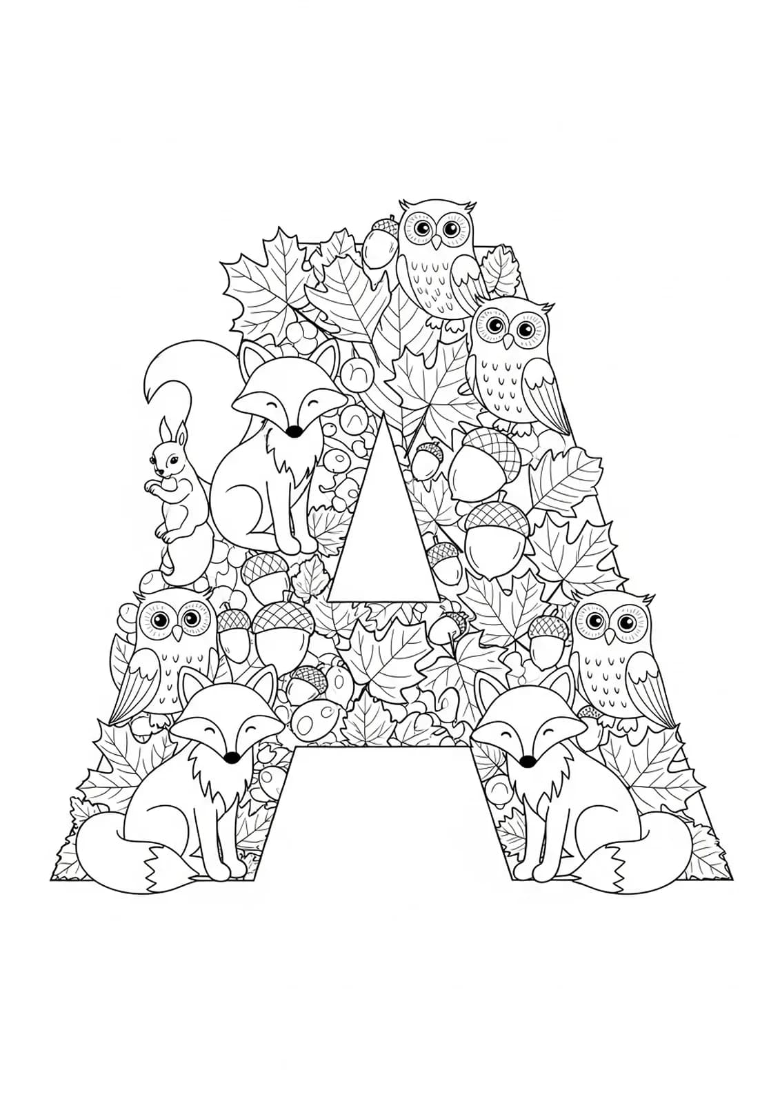 Letter A surrounded by detailed autumn leaves, foxes, squirrels, and owls in a forest scene for coloring.