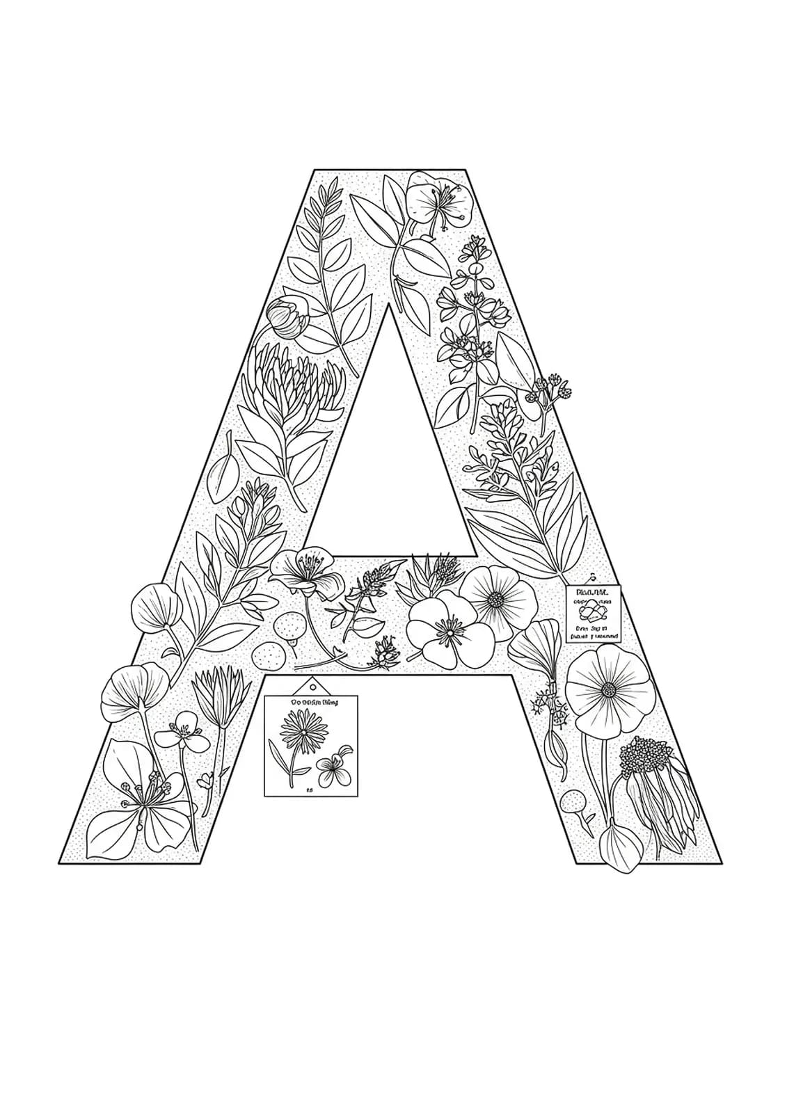 Letter A combined with intricate botanical herbarium details and fine plant labels, adult hard coloring page.