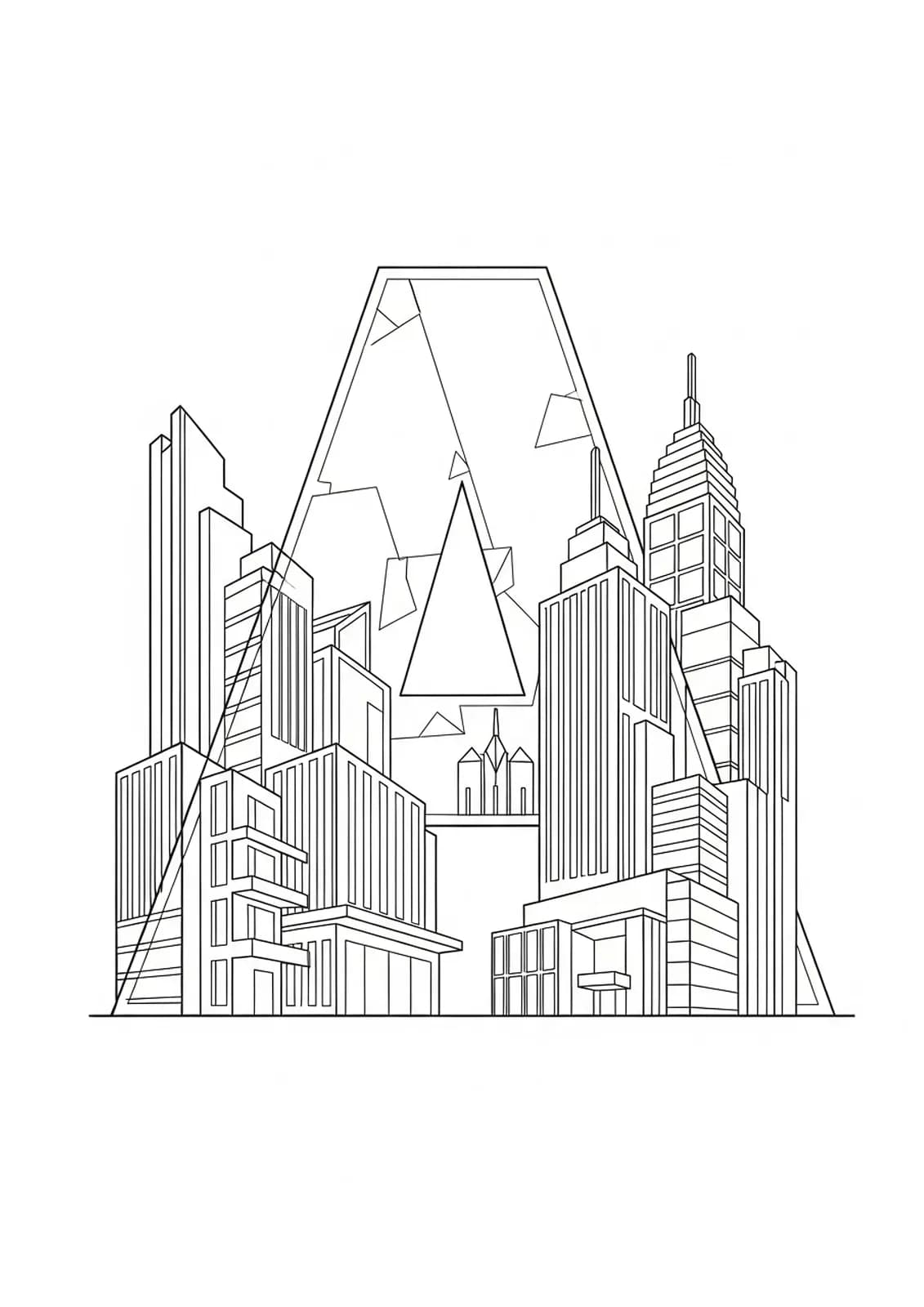 Easy coloring page of the letter A with simple minimalist architecture and city buildings, designed for teens