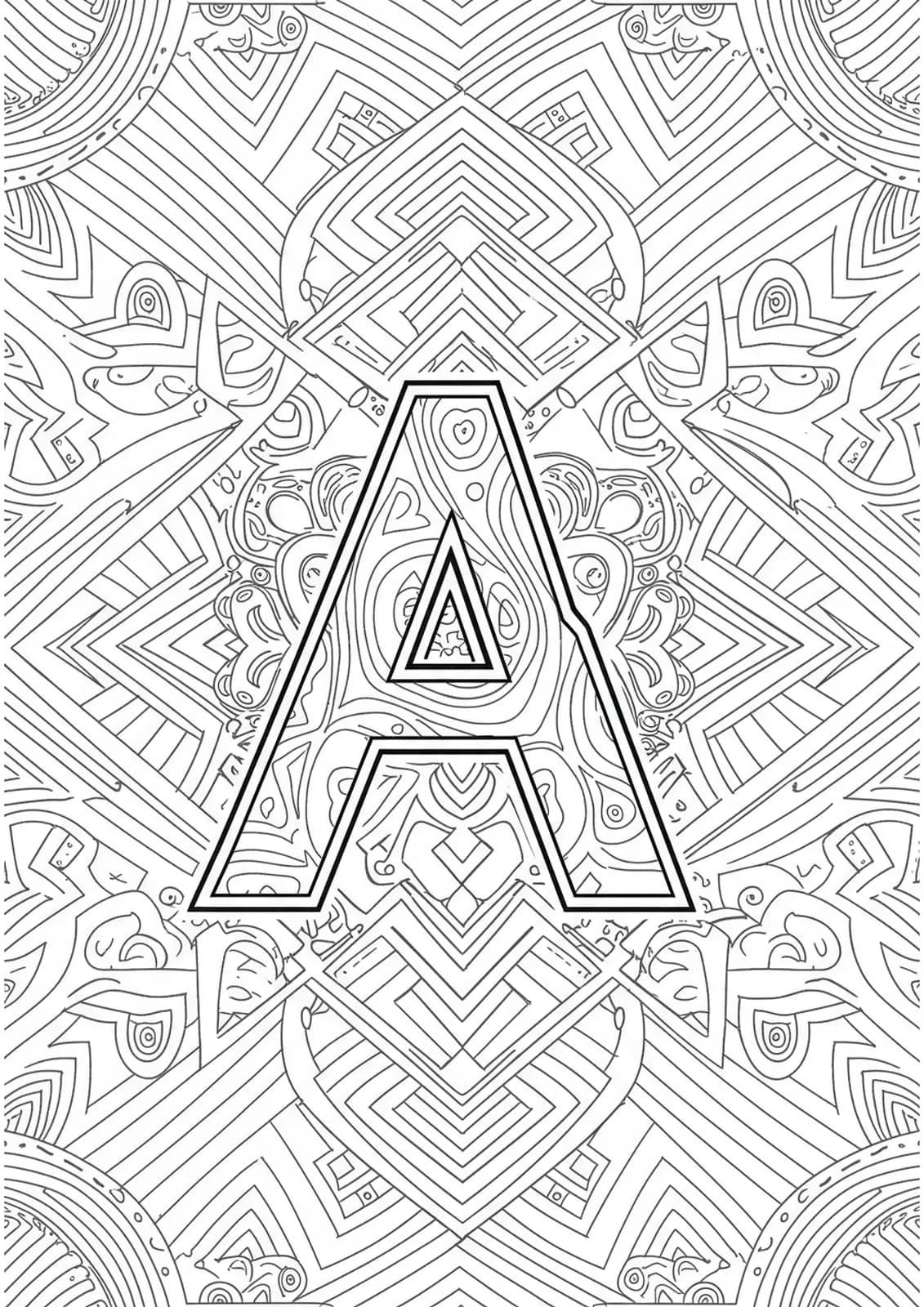 Letter A surrounded by complex optical illusion and geometric patterns, hard difficulty adult coloring page.