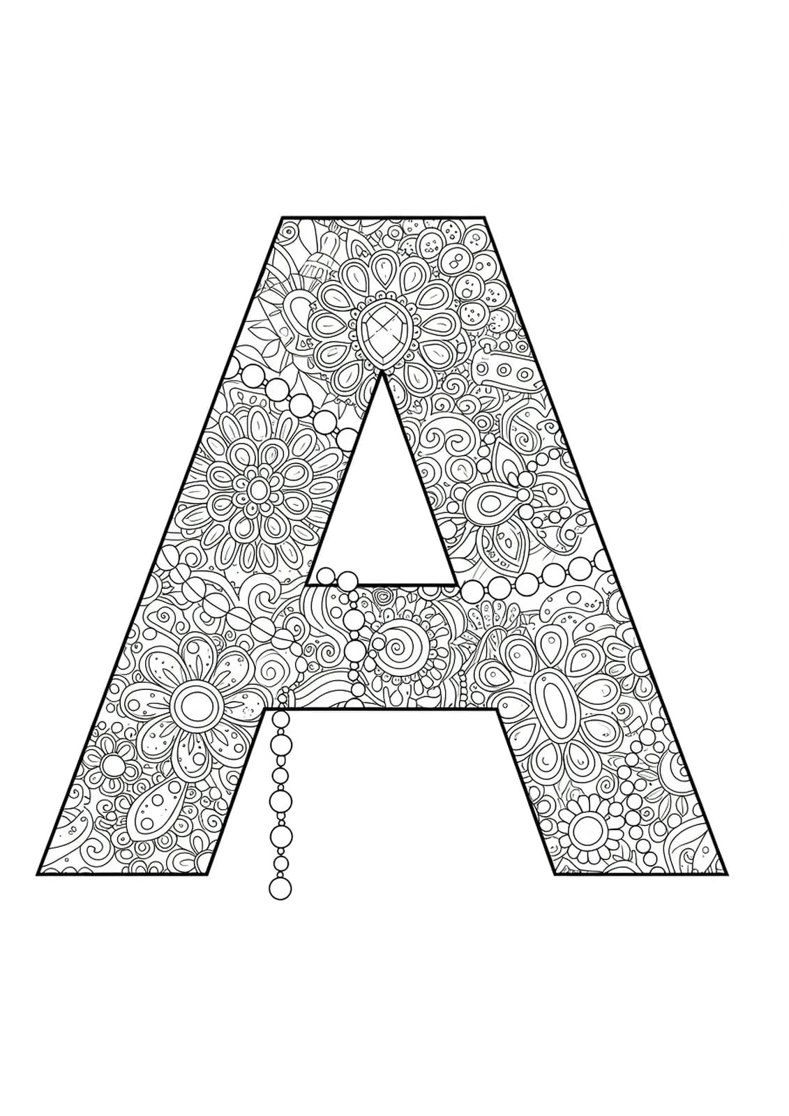 Letter A with ornate jewelry, filigree, and gemstone patterns, medium detail.