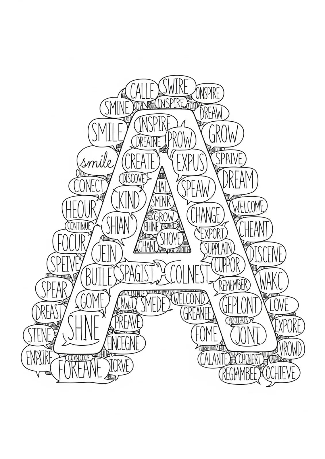 Easy coloring page of the letter A with speech bubbles containing positive words, designed for teens