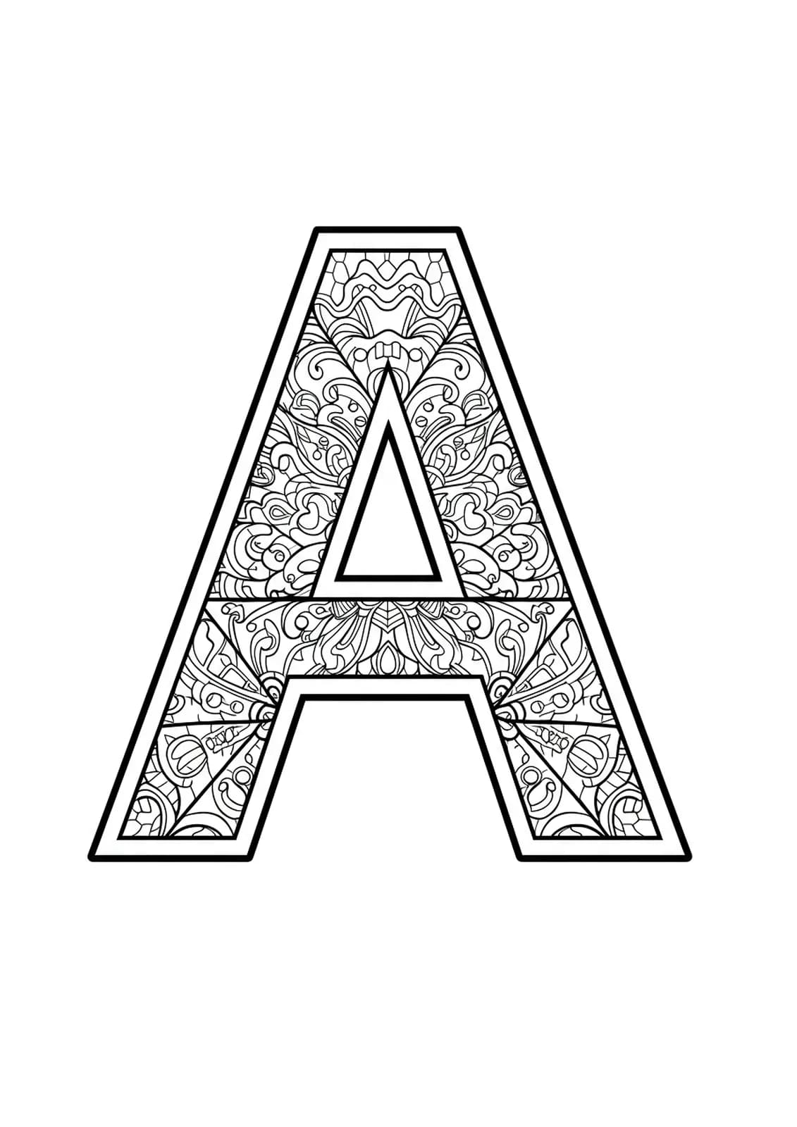 Letter A designed with intricate stained glass panel segments, hard adult coloring page.