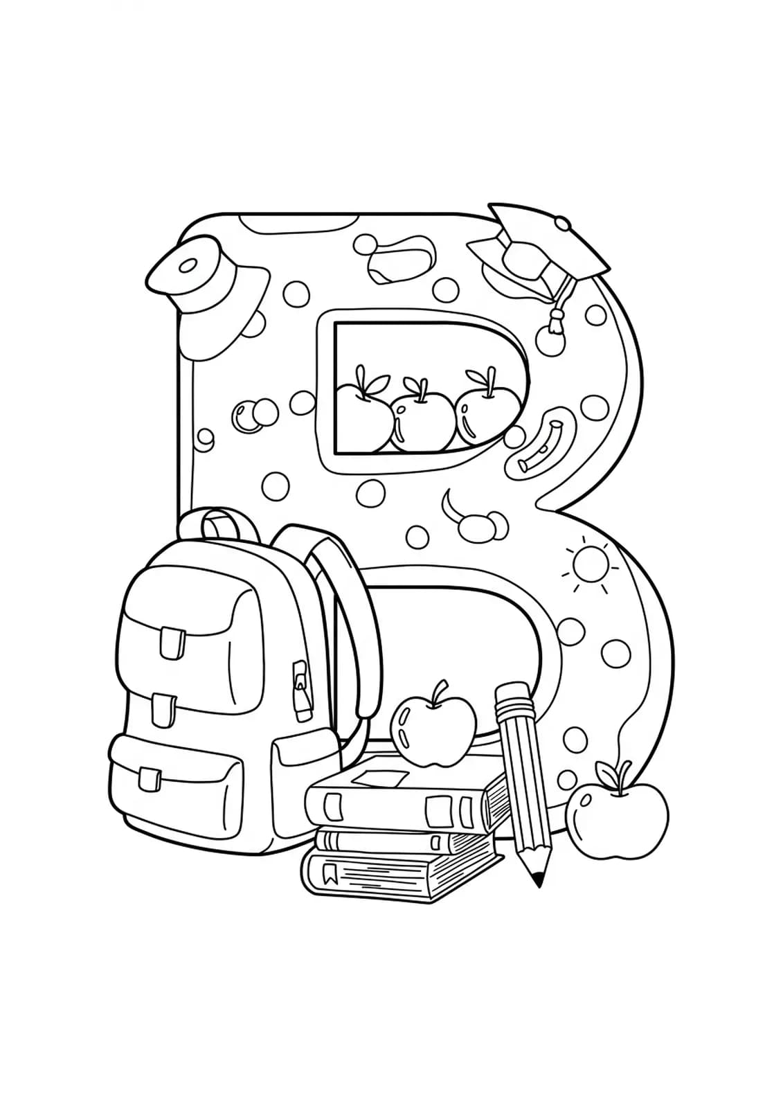 Letter B with backpack, books, pencil, and apples, medium detail