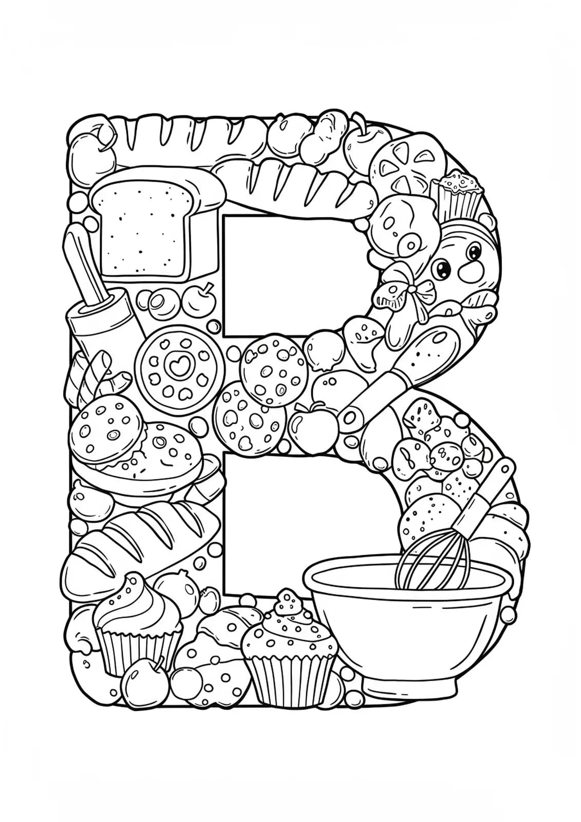 Letter B with bread, cookies, cupcakes, and baking tools, medium detail