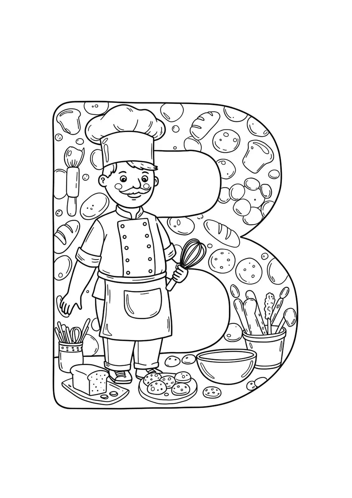 Letter B with a baker, bread, cookies, and mixing bowls, medium complexity coloring page for preschool.