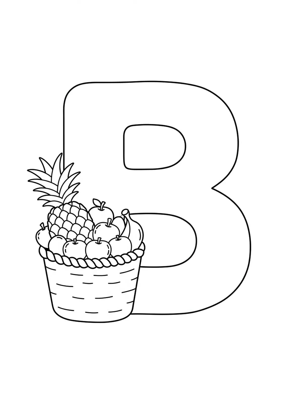 Line art of a large letter B with a basic fruit basket, suitable for preschool coloring.