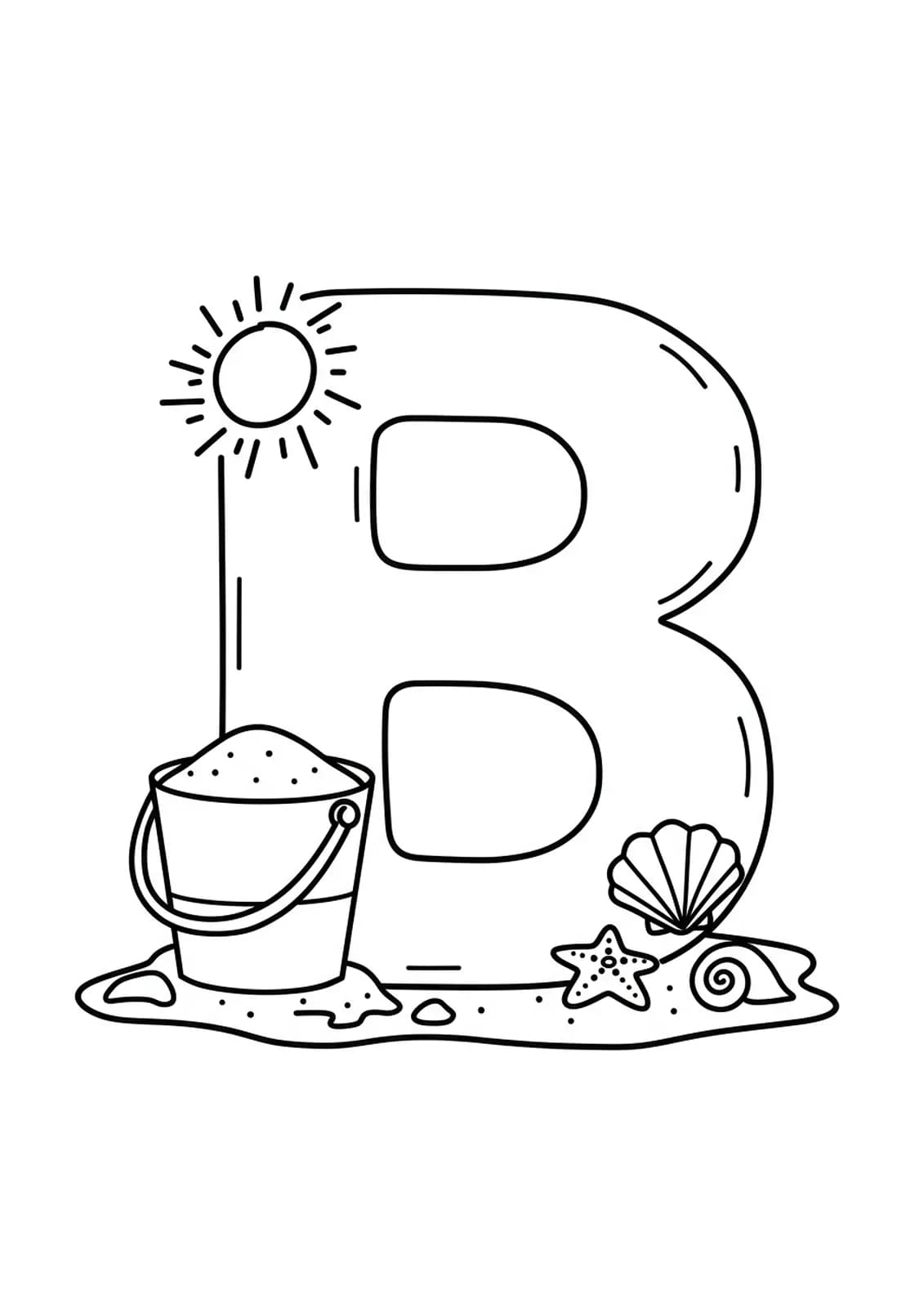 Coloring page with a large letter B, a sand bucket, sun, and seashells for preschool children.