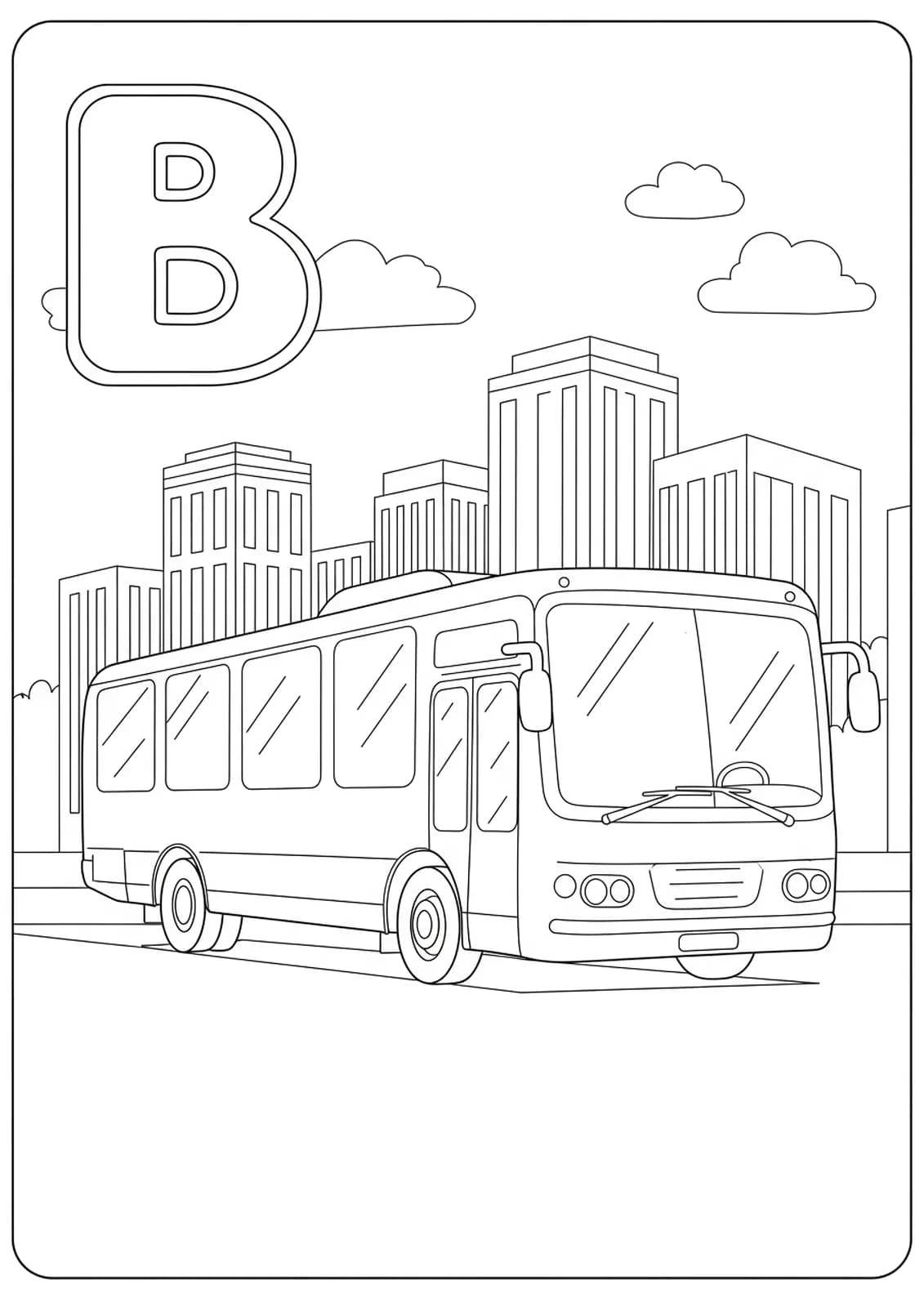 Letter B with a big bus and city buildings, medium detail coloring page