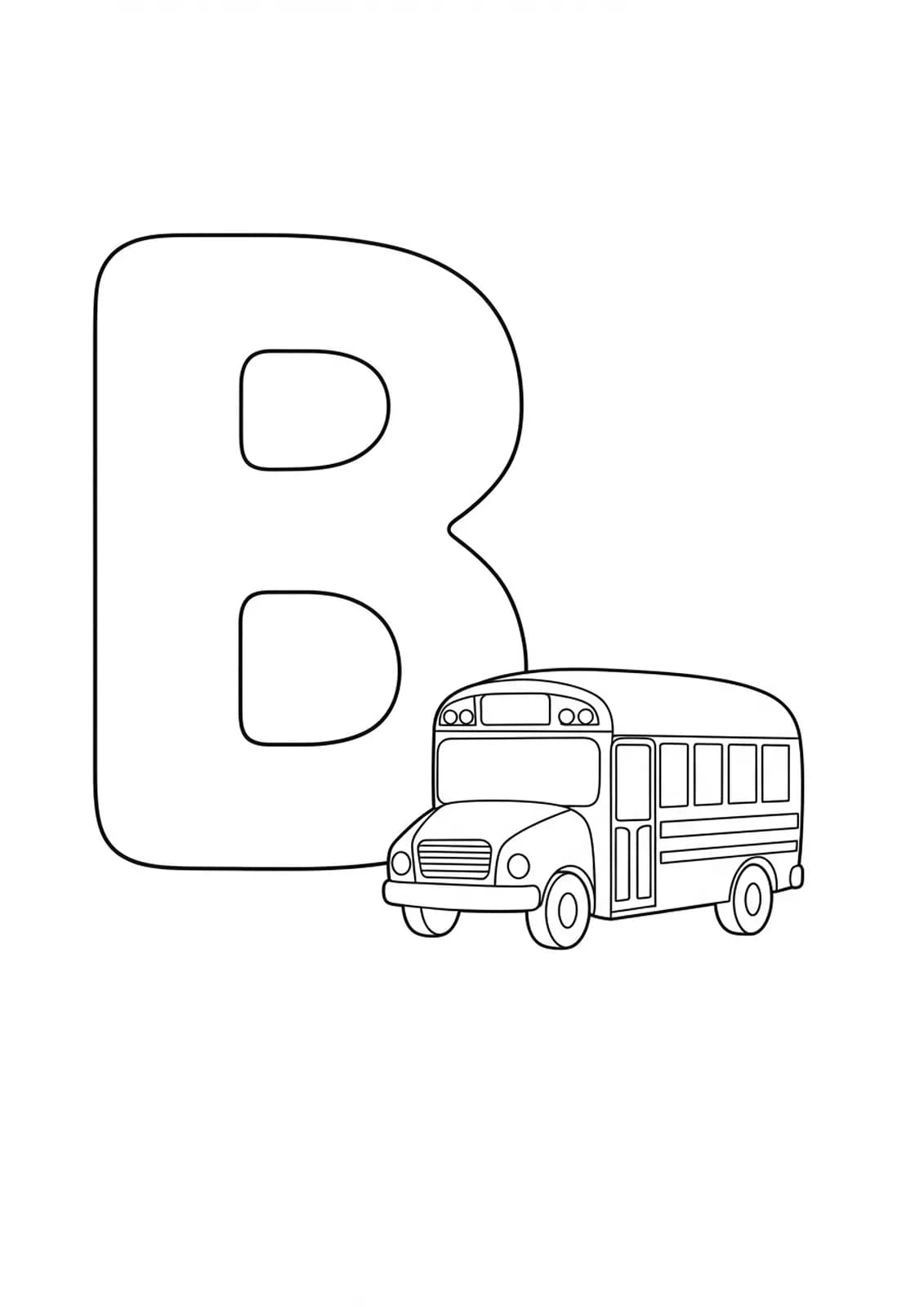 Large letter B next to a simple school bus illustration, easy for preschoolers to color.