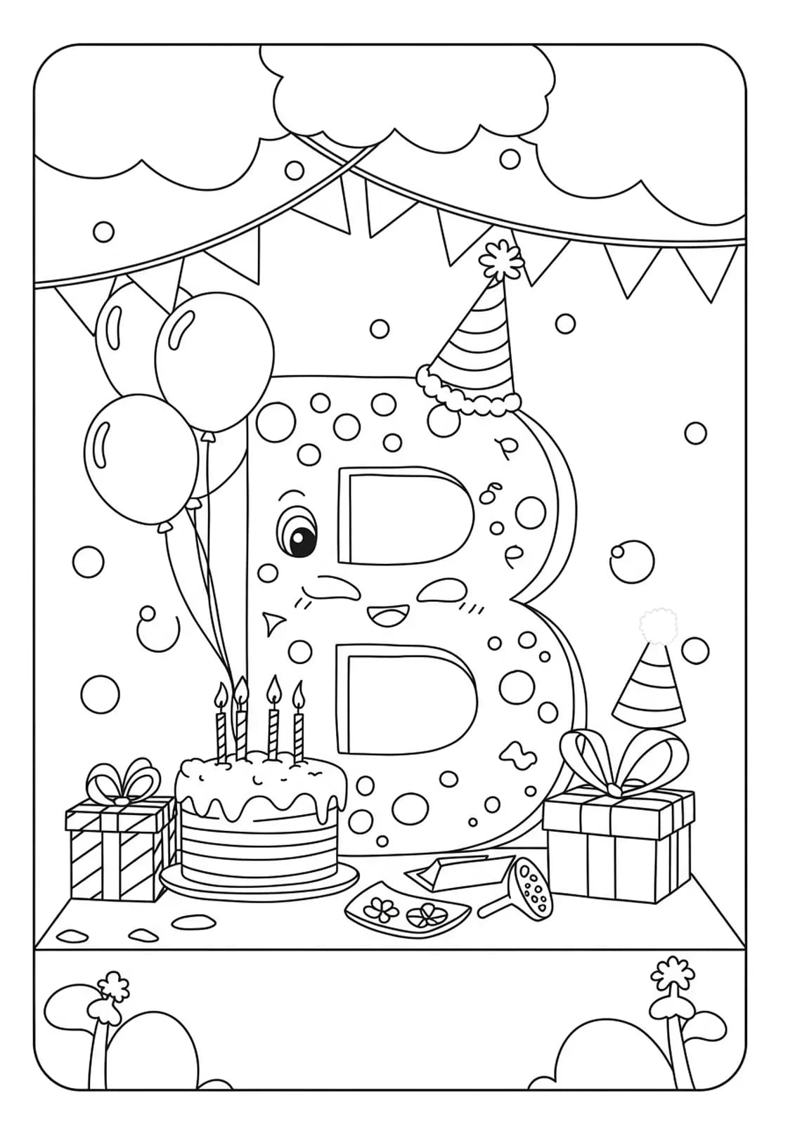 Letter B with birthday cake, balloons, and party decorations, medium detail