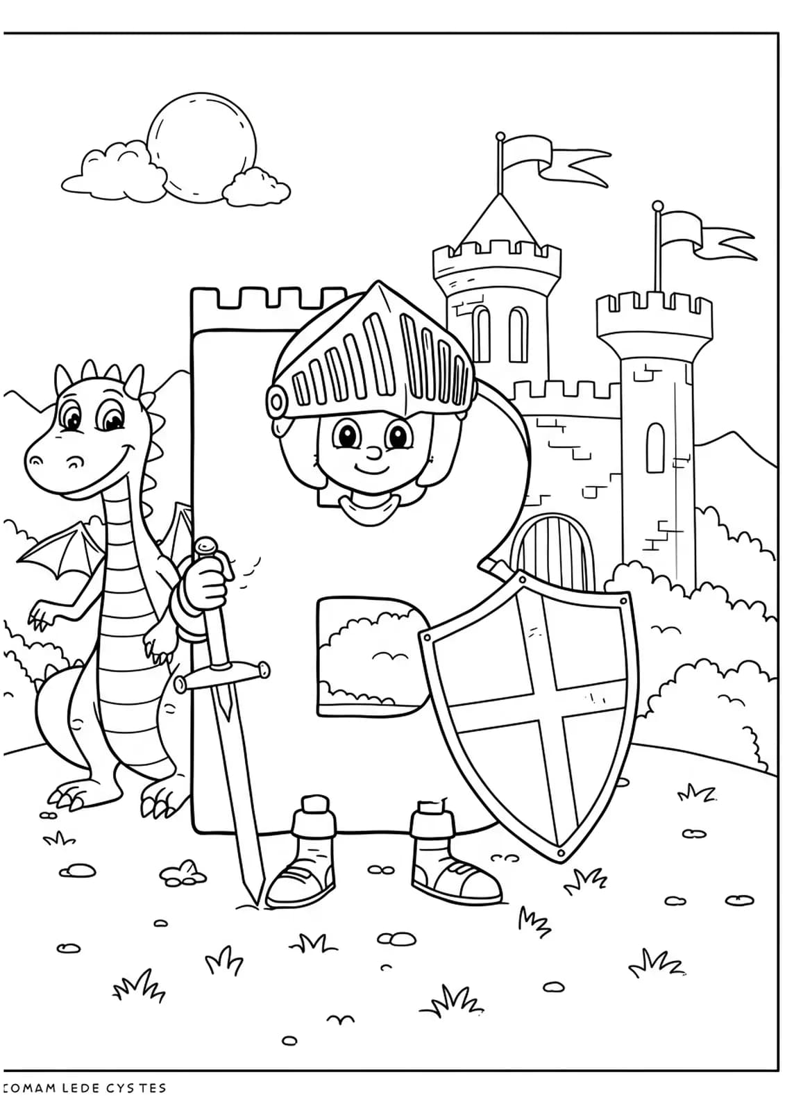 Letter B as a knight with a dragon and castle, medium detail