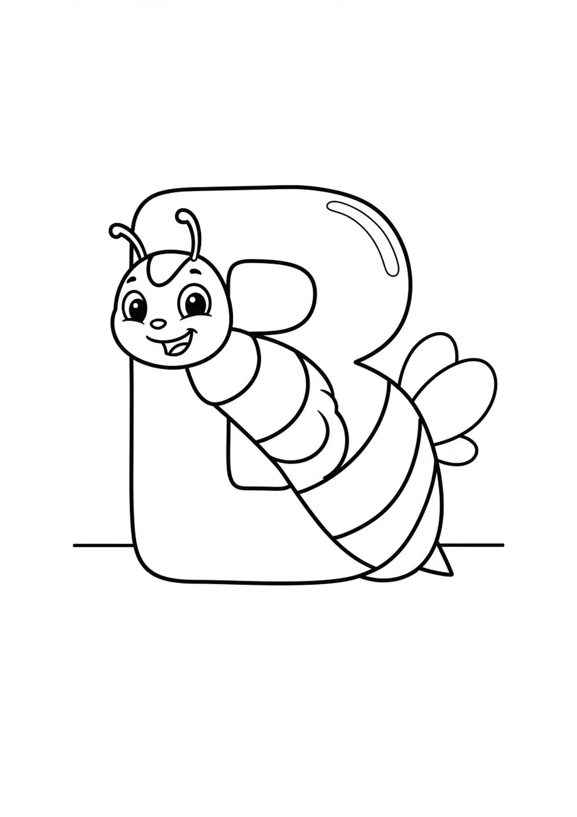 Simple coloring page with a large letter B and a smiling bumblebee, designed for preschoolers.