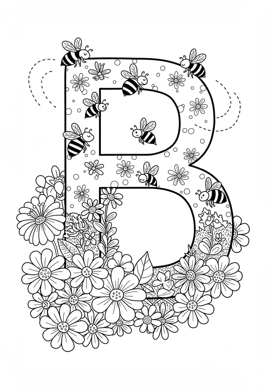 Letter B with bees and flowers, medium detail coloring page for kids