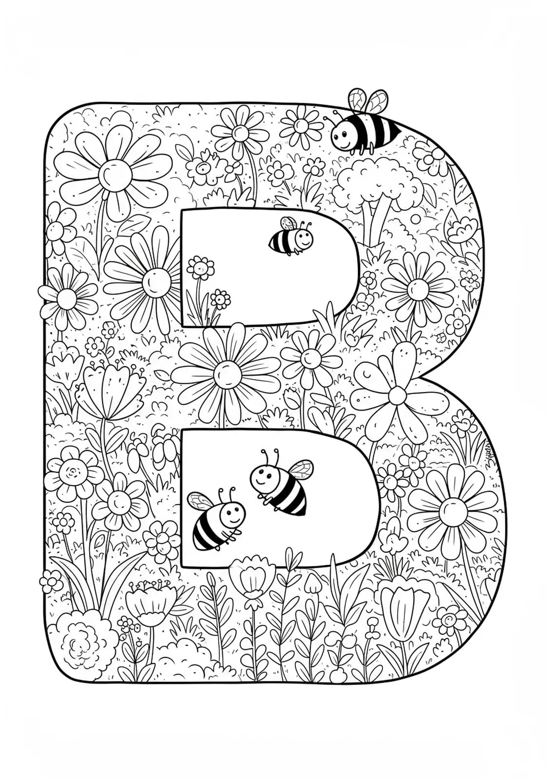 Printable coloring page with the letter B, bees, and flowers in a garden, medium detail for preschoolers.