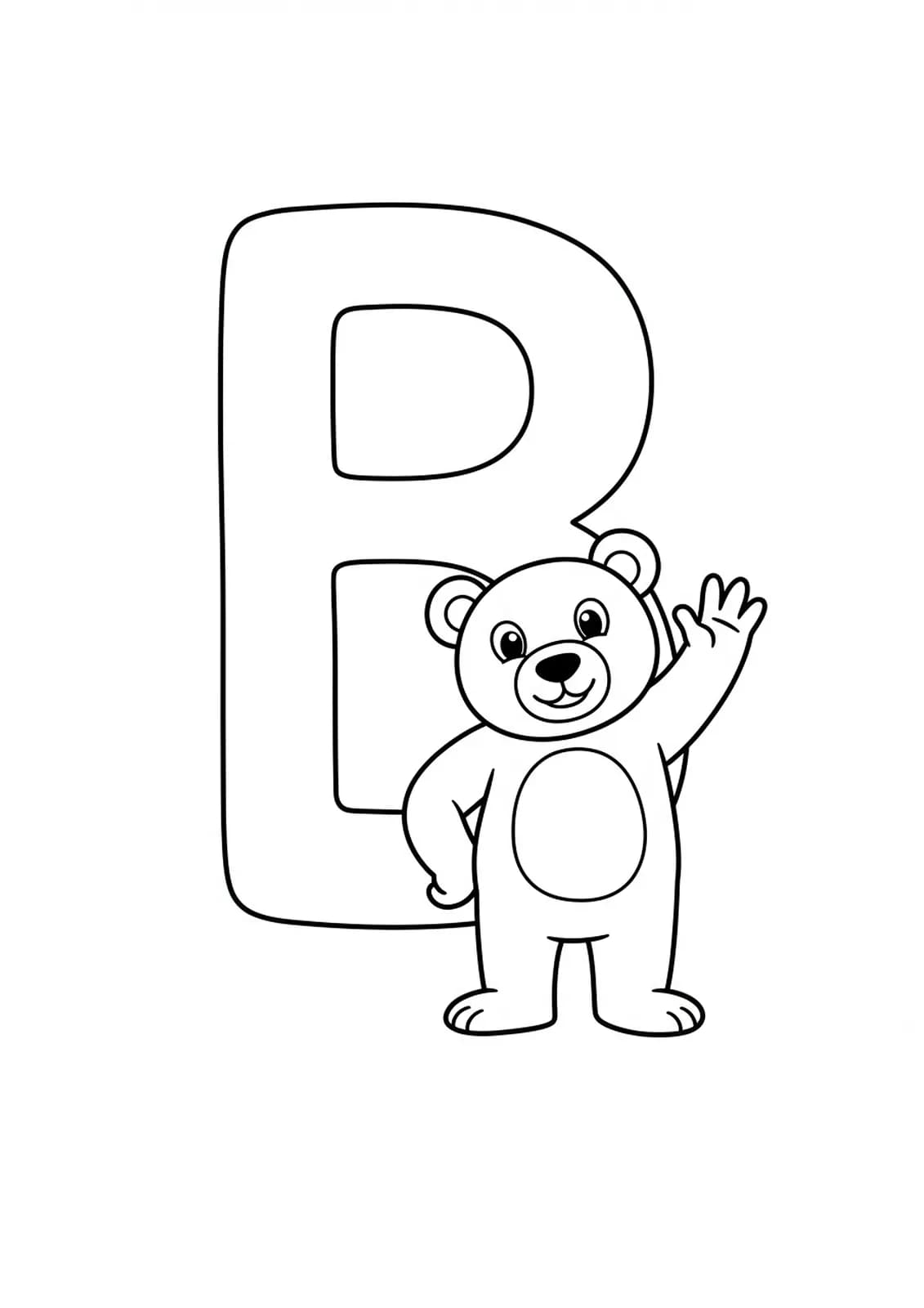 Large letter B next to a smiling cartoon bear waving, both with simple outlines.