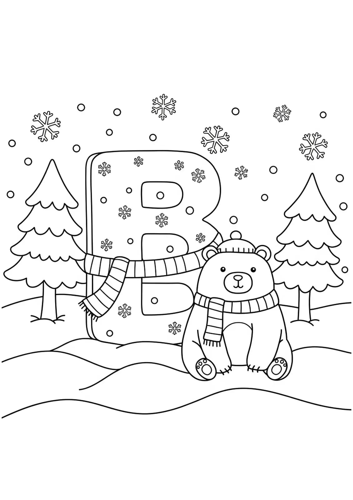 Letter B with a winter bear, snowflakes, and pine trees, medium detail