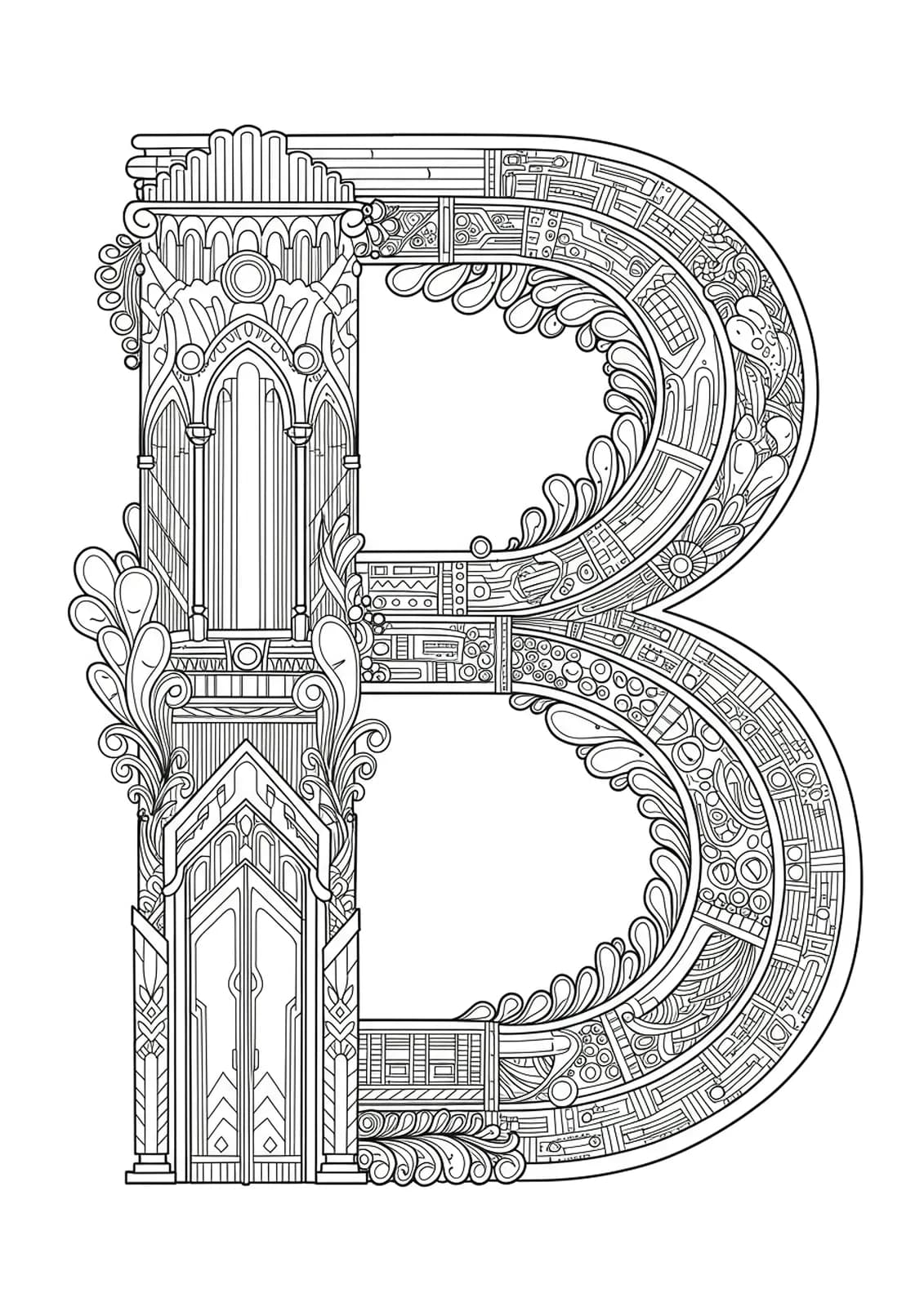 Letter B constructed with complex Art Deco architectural elements and geometric patterns for adult coloring.