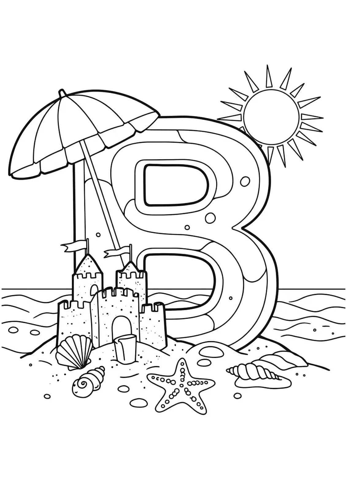 Letter B with beach scene, including sandcastle, seashells, and sun, medium detail