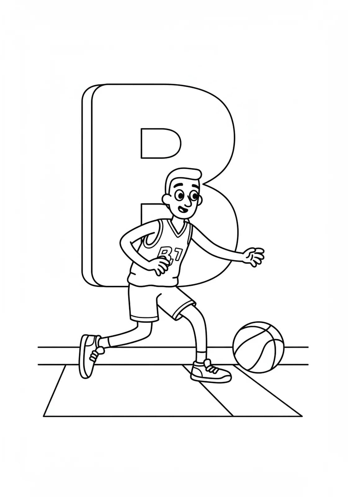 Letter B dribbling basketball on a court, medium detail coloring page