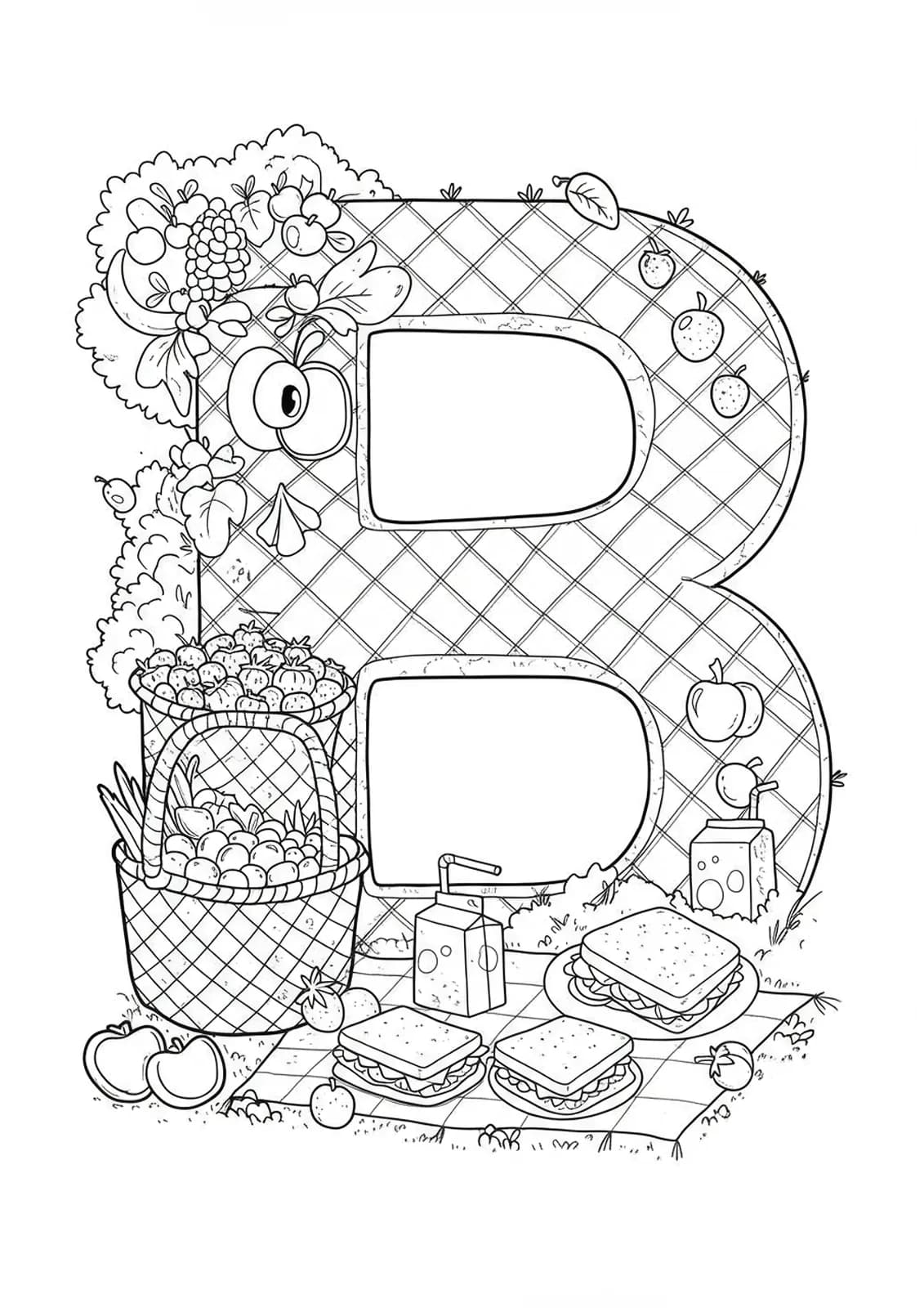 Line art of the letter B with baskets of berries, sandwiches, juice boxes, and picnic blanket.