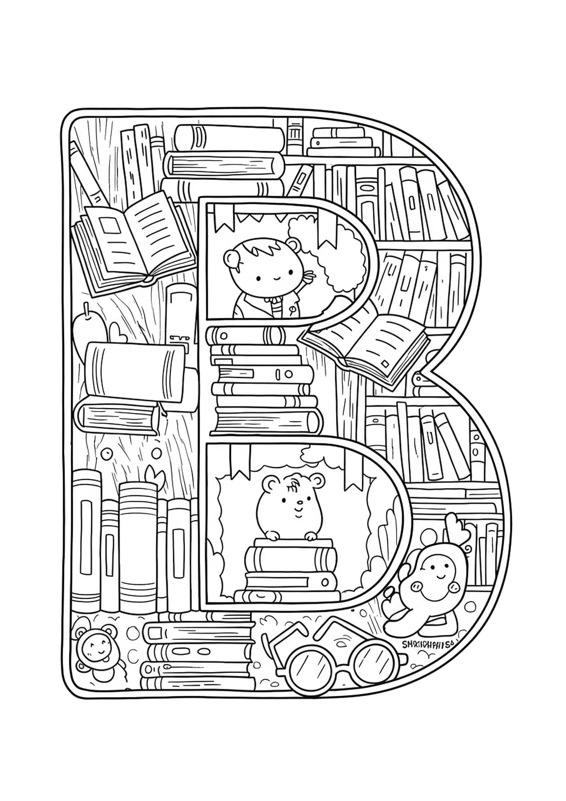 Intricate line art of the letter B with books, shelves, bookmarks, and reading glasses.