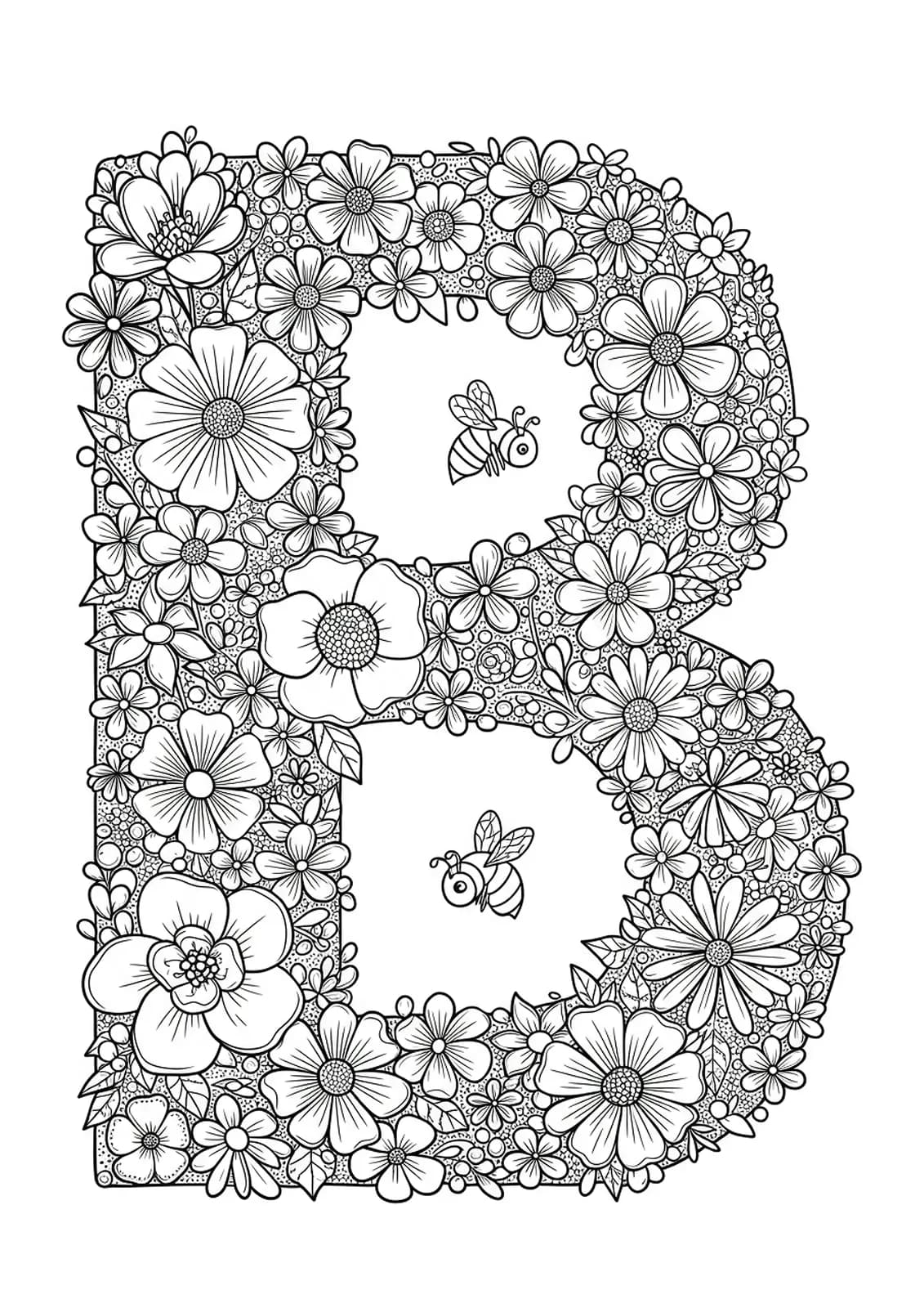 Intricate line art of the letter B surrounded by detailed bees and flowers in a garden.