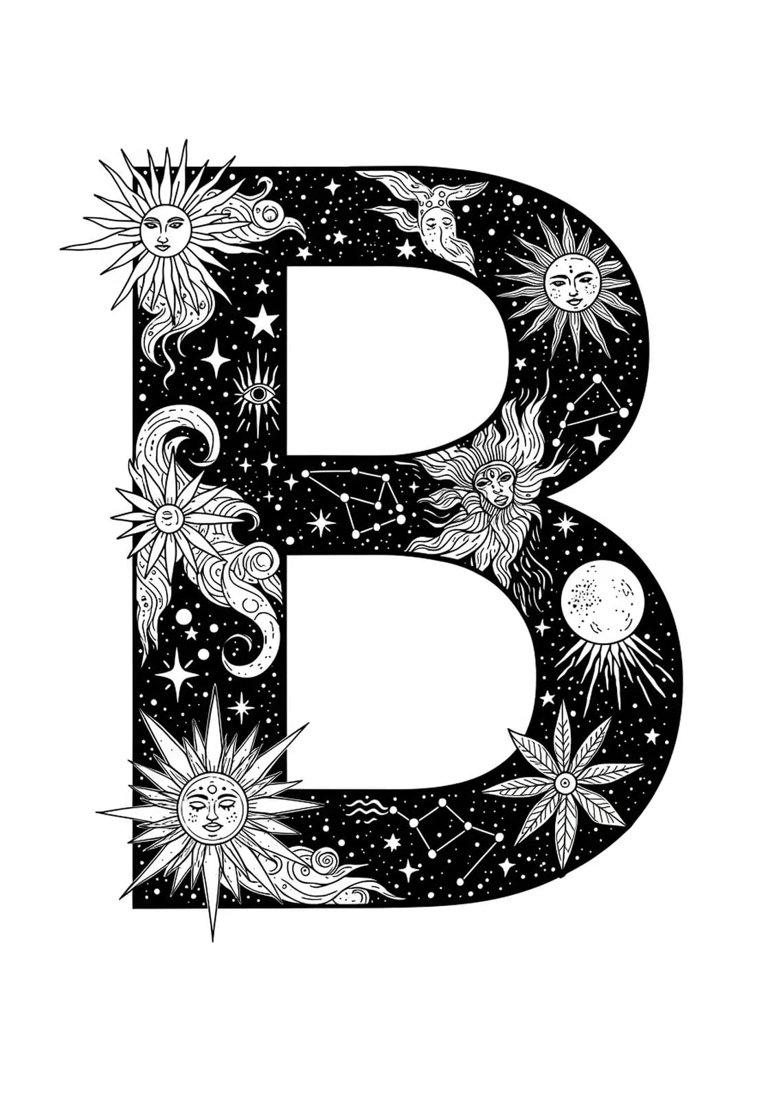 Letter B embellished with intricate celestial motifs including stars, moons, and cosmic patterns for adult coloring.