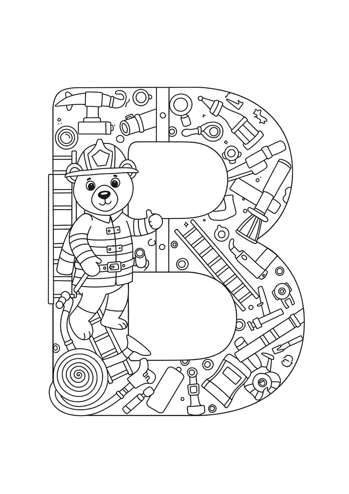 Detailed line art of the letter B with a firefighter bear, hoses, ladders, and safety equipment.