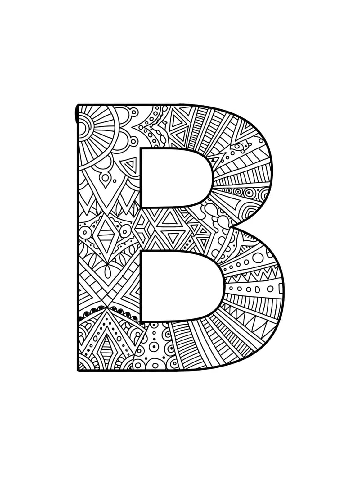 Medium complexity adult coloring page featuring the letter B filled with intricate geometric patterns.