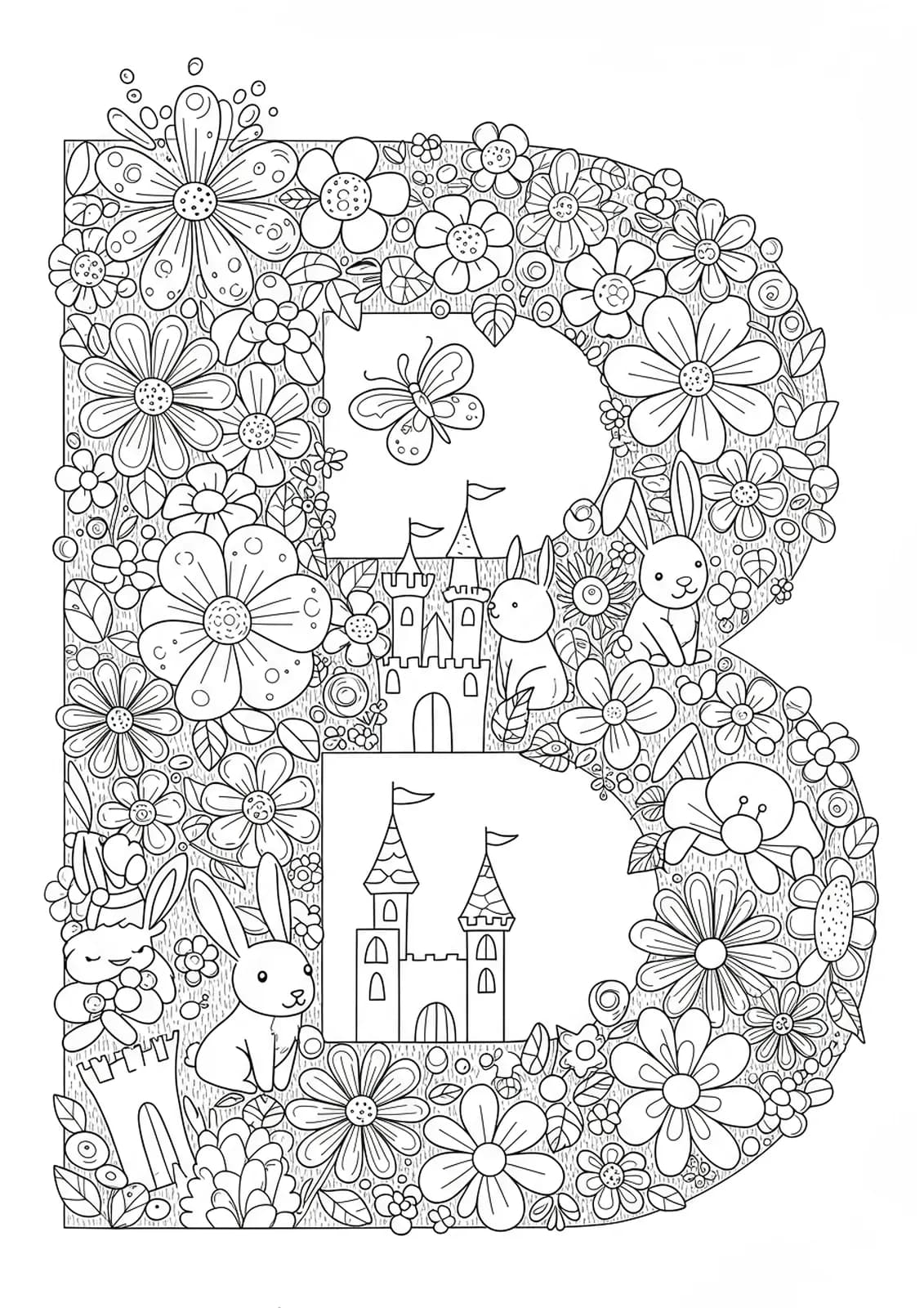 Intricate scene of the letter B with bunnies, castle towers, gems, and fantasy flowers.