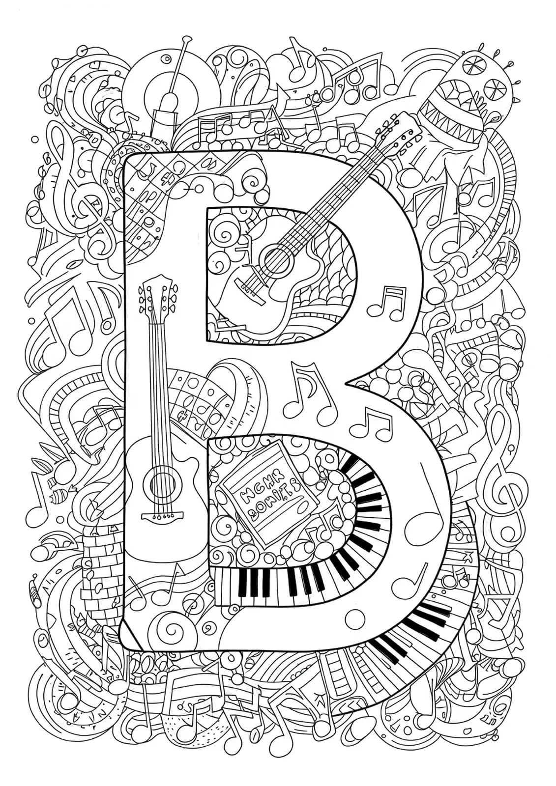 Medium difficulty adult coloring page featuring the letter B decorated with music notes and instrument outlines.