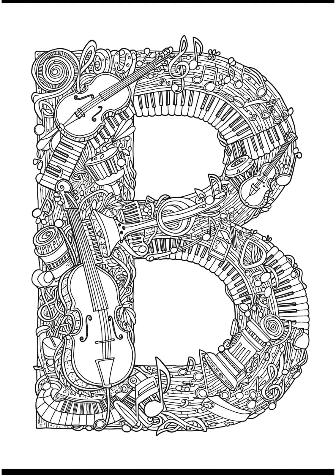 Letter B filled with elaborate musical instruments, notes, and swirling staff lines for hard adult coloring.